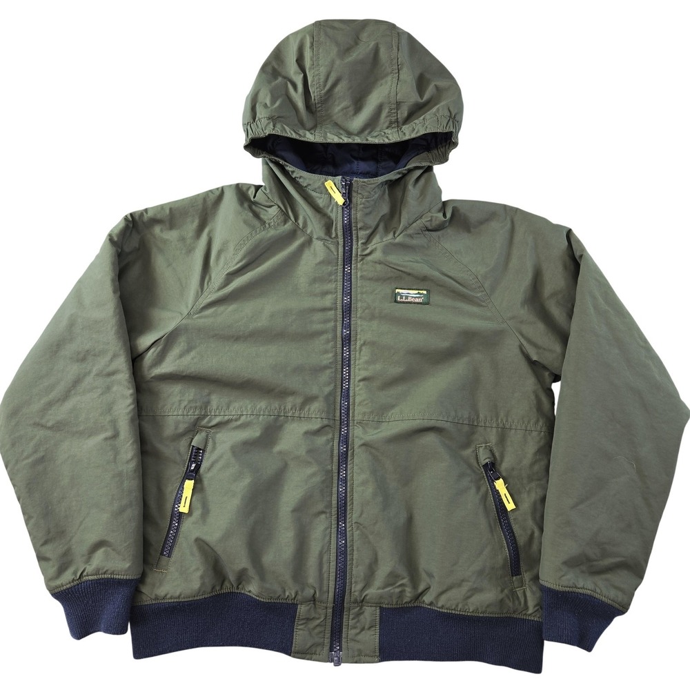 L.L.Bean Jacket 10-12 Green Bomber Hooded Unisex Kids Winter Insulated Logo